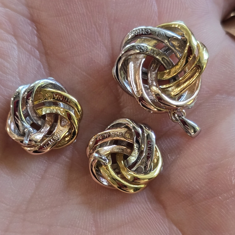 Tri Color 925 Silver Earrings and Pendant Set - Picture 3 of 6